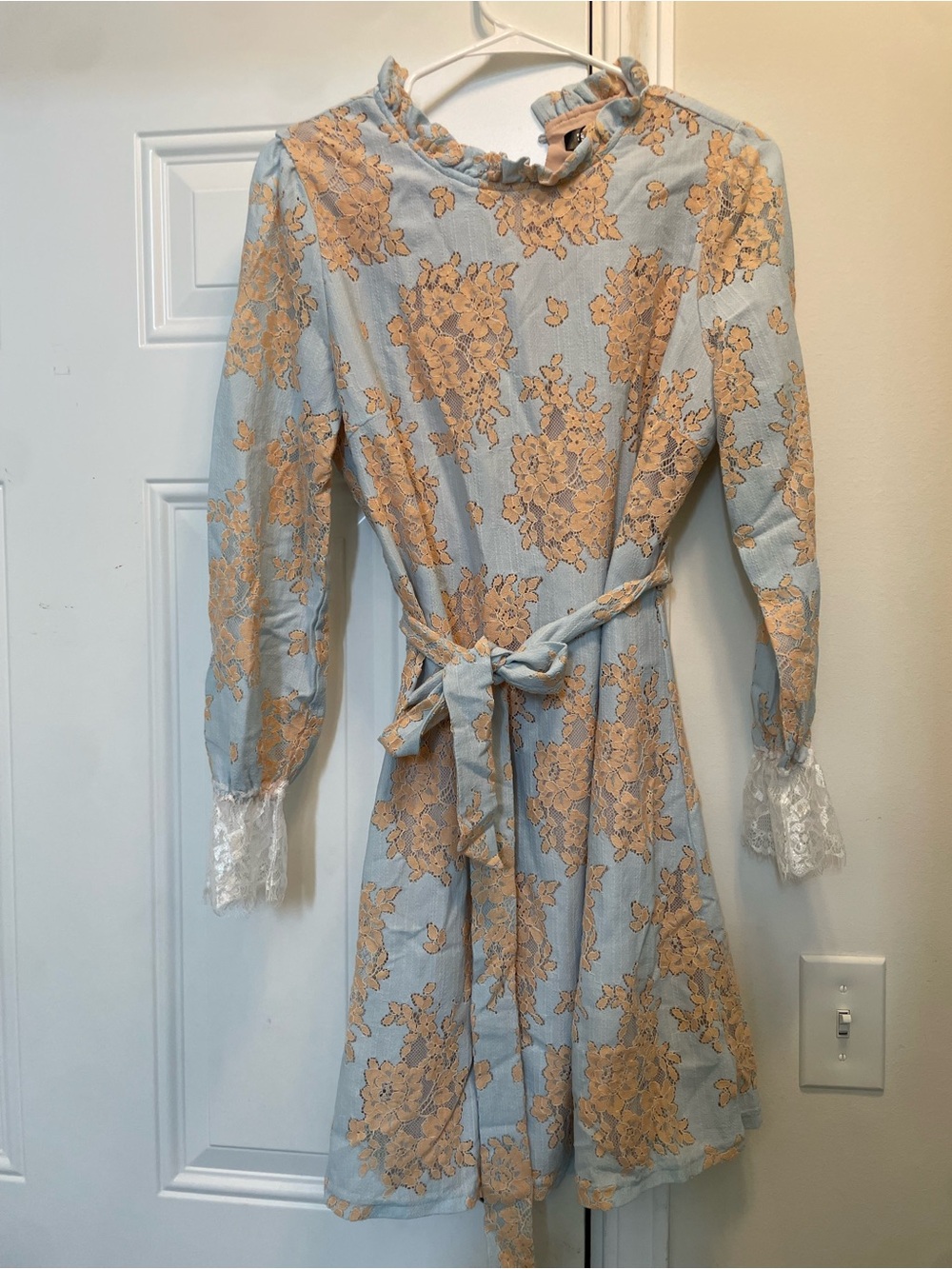 NWOT Allegra K Women’s Light Blue Dress with Peach Floral Lace